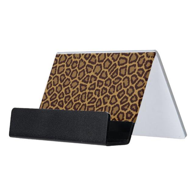 Tile background with a leopard fur desk business card holder (Angled Front)