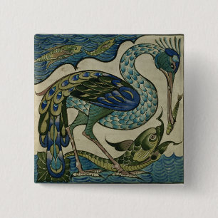 Tile design of heron and fish, by Walter Crane Pinback Button