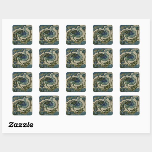 Tile design of heron and fish, by Walter Crane Square Sticker Zazzle