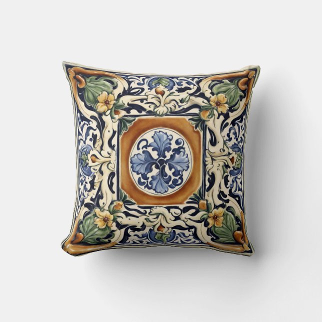 Tile, Floral, Majolica, Italian Style  Throw Pillow (Front)