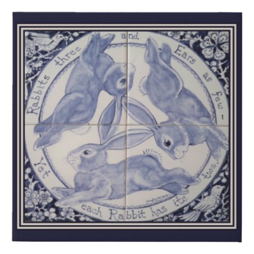 Tile Mural Blue Three Rabbits Hares in Circle Folk Faux Canvas Print