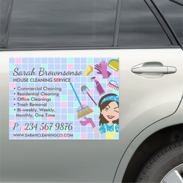 Tile Pattern Lady Cleaning Maid Services Car Magnet (In Situ)