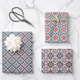  Tile Pattern with Navy, Red & Teal Floral Motifs Wrapping Paper Sheets