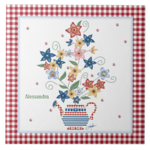 Tile Stencil Floral Red Gingham Personalized