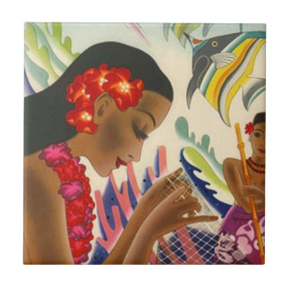 Tile Vintage Hawaiian Hula Gal Fish Net Tropical