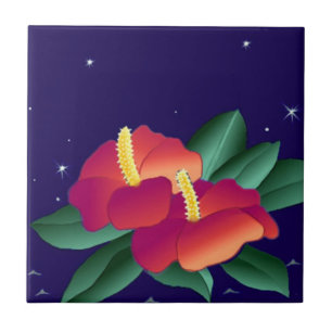 Tile Vintage Hawaiian Tropical Blue Night Hibiscus