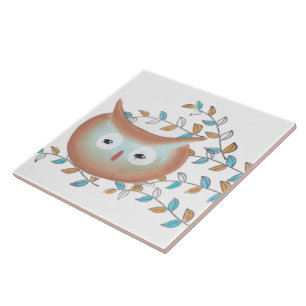 Tile with Owl Print in Aqua & Brown