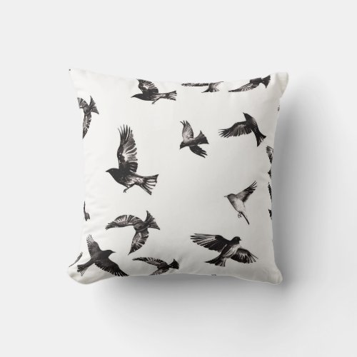 Tiled Black and White Bird Pattern Throw Pillow