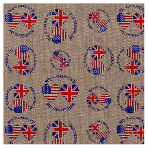 Tiled British USA Heart Flags Country Heritage  Fabric