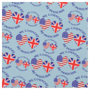 Tiled British USA Heart Flags Country Heritage  Fabric
