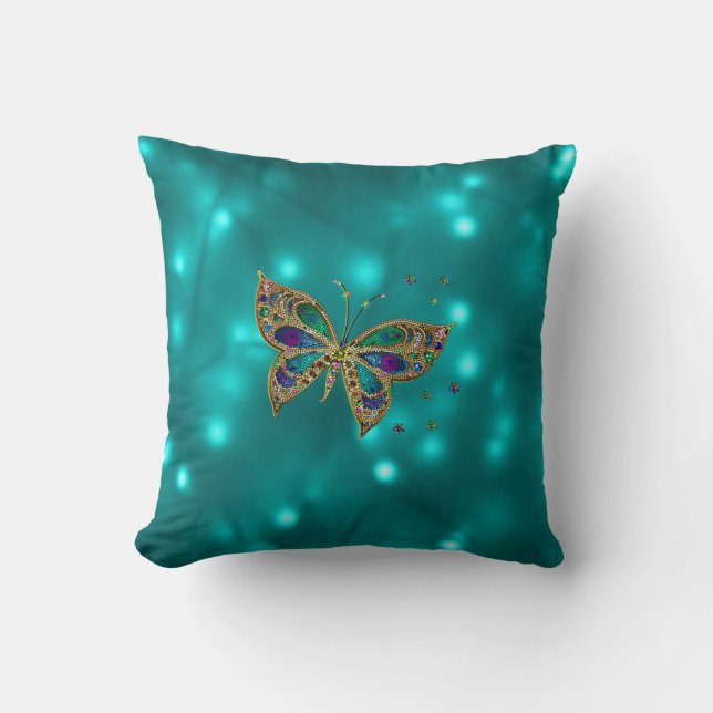 Tiled Butterfly on Neon Turquoise design Throw Pillow (Front)