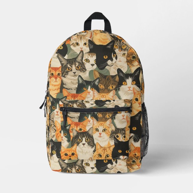 Tiled Cat Pattern Printed Backpack (Front)