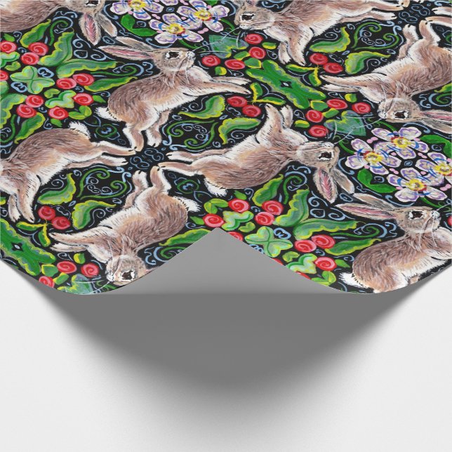 Tiled Christmas Bunny Rabbit Rose Holly Gift Wrap (Corner)