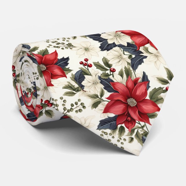 tiled festive tiled Christmas poinsettias Neck Tie (Rolled)