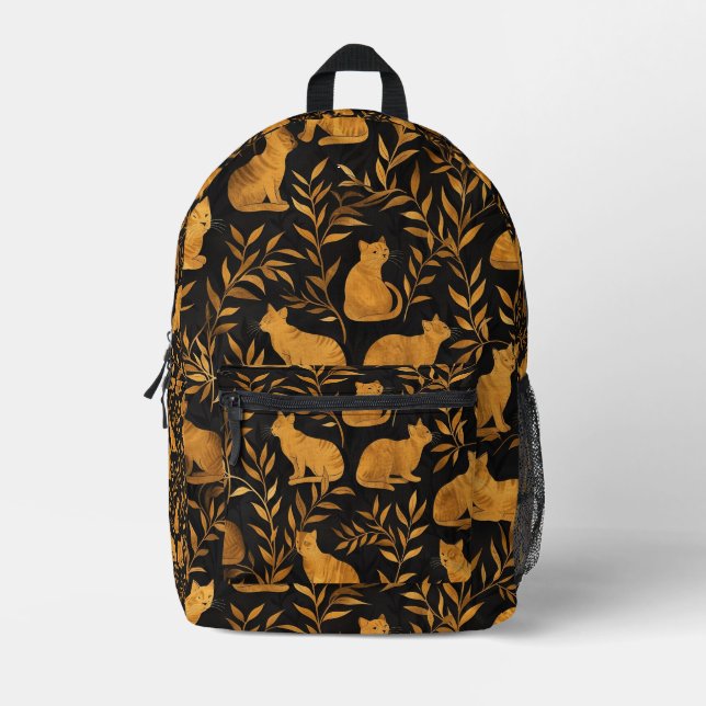 Tiled Golden Cat Pattern Printed Backpack (Front)