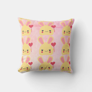 Tiled Kawaii Bunny Rabbit Face with Heart Throw Pillow