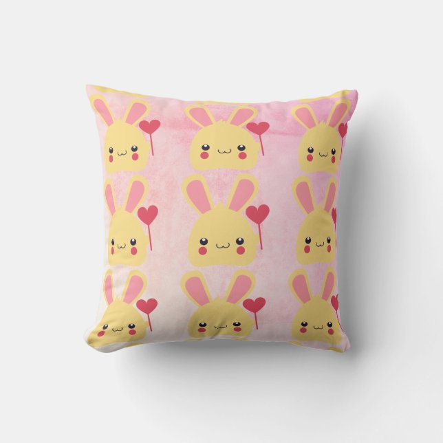 Tiled Kawaii Bunny Rabbit Face with Heart Throw Pillow (Front)