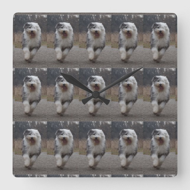 Tiled Old English Sheepdog Clock - Run Dog! (Front)
