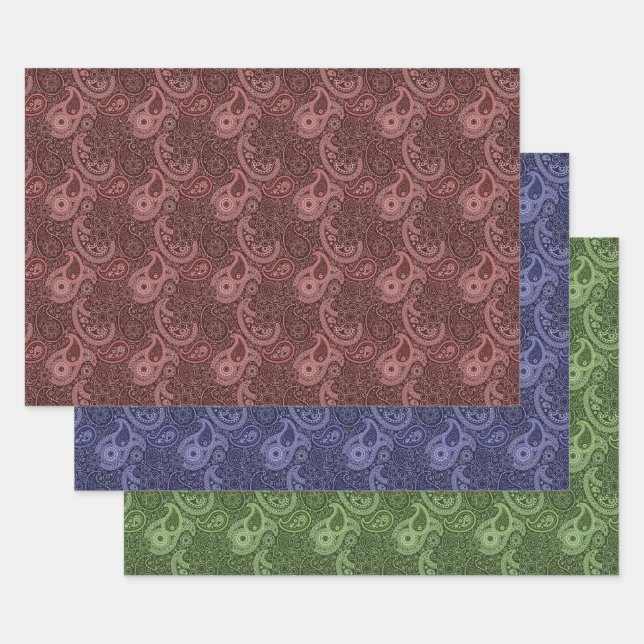 Tiled Paisley Pattern Red Blue Green Oldfashioned Wrapping Paper Sheets (Set)