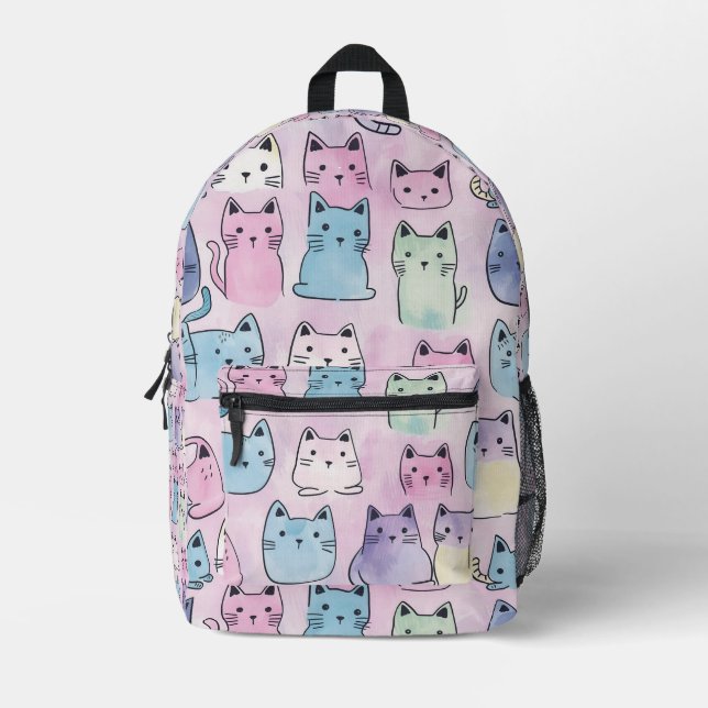 Tiled Pastel Cat Pattern Printed Backpack (Front)