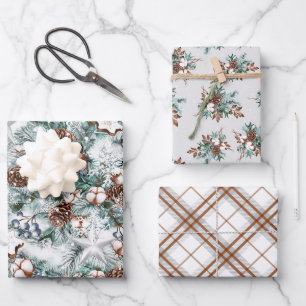 tiled pinecones and plaid Christmas Wrapping Paper Sheets
