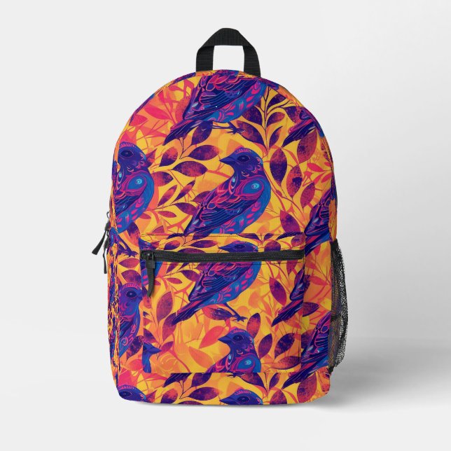 Tiled Psychedelic Bird Pattern Printed Backpack (Front)