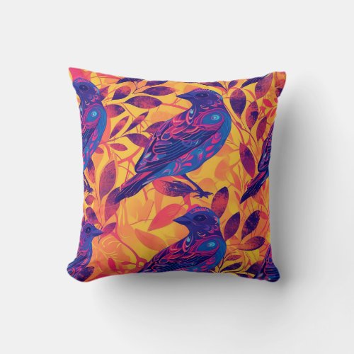 Tiled Psychedelic Bird Pattern Throw Pillow