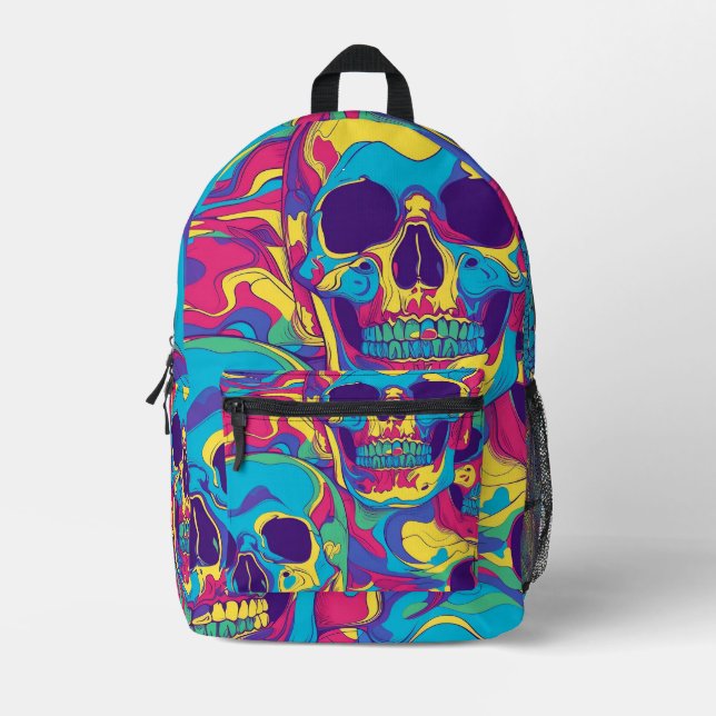 Tiled Psychedelic Skulls Pattern Printed Backpack (Front)