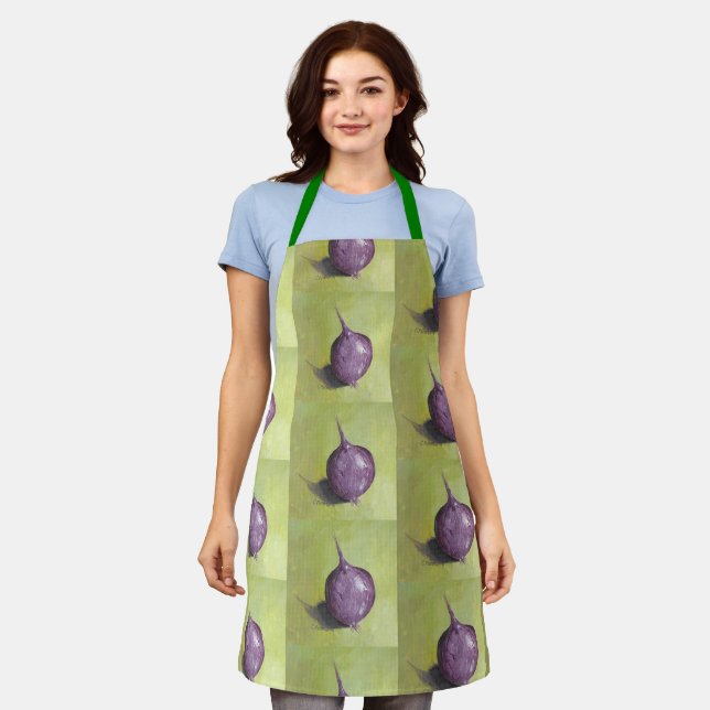 Tiled Purple Onions on yellow green, aprons (Worn)