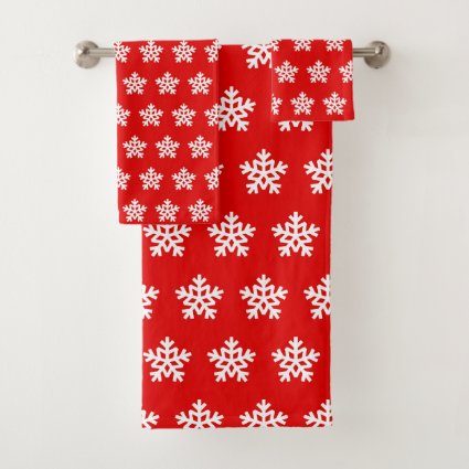 Tiled red white snowflake pattern bath towel set