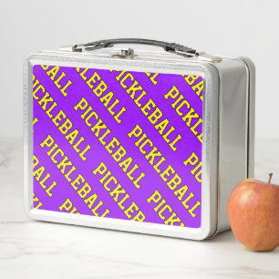 Tiled Yellow Slant PICKLEBALL On Bright Purple Metal Lunch Box