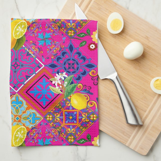 Tiles,mosaic,azulejo,lemons ,Citrus ,majolica,   Kitchen Towel (Quarter Fold)