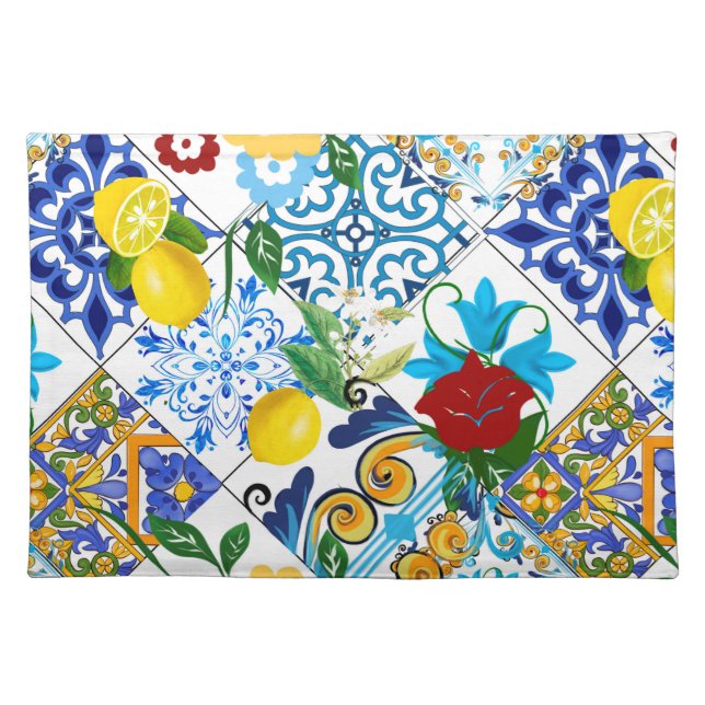 Tiles,mosaic,azulejo,quilt,Portuguese,majolica   Cloth Placemat (Front)