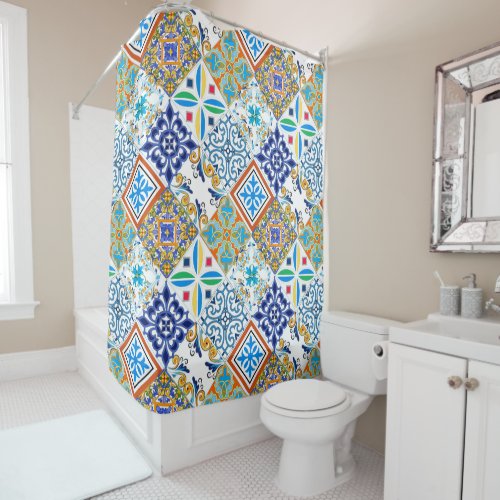 Tiles mosaicazumajoquiltPortuguese majolica  Shower Curtain
