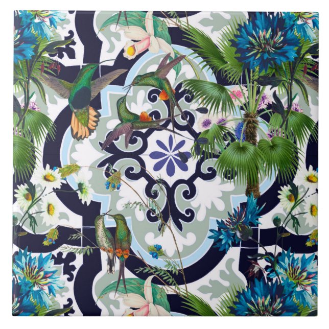 Tiles,tropical, flowers,birds,hummingbird,   ceramic tile (Front)