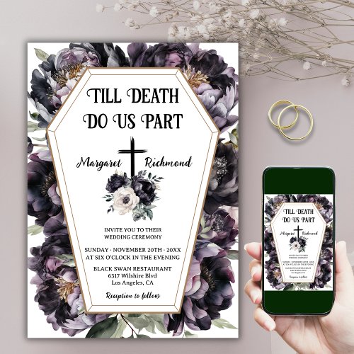 Till Death   Black Peonies Coffin Gothic Wedding Invitation