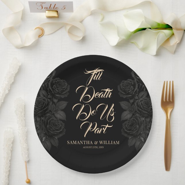 Till Death Do Us Part Black Rose Wedding Paper Plates (Wedding)