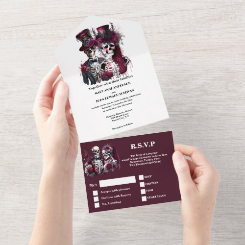 Till death do us part burgundy gothic couple chic all in one invitation