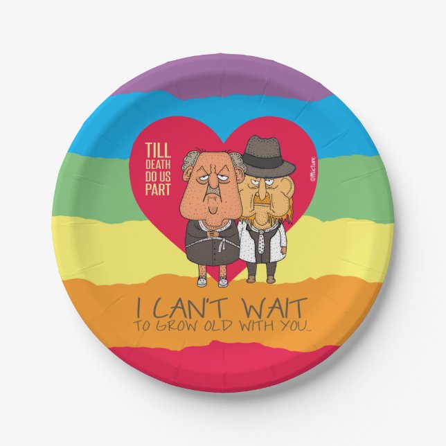 Till death do us part funny gay couple cartoon, paper plates (Front)