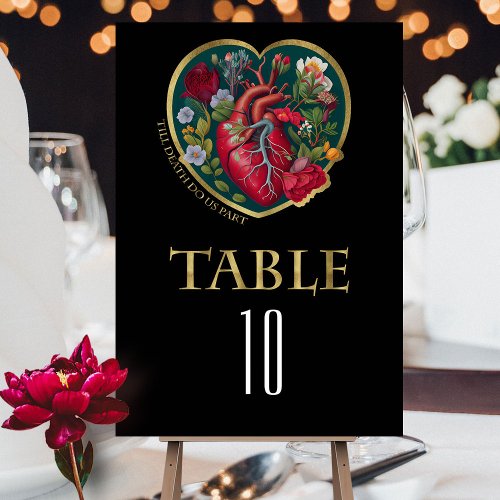 Till Death Do Us Part Goth Heart Gold Halloween Table Number