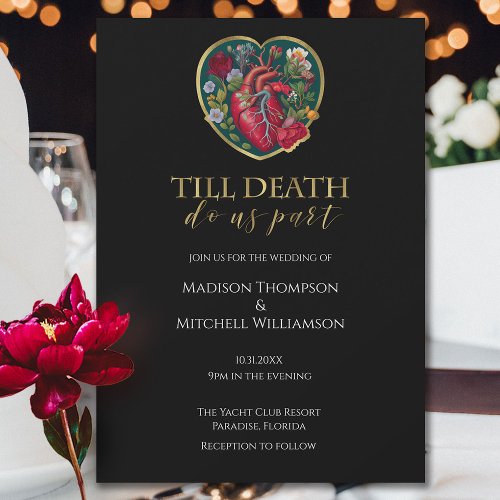 Till Death Do Us Part Goth Heart Halloween Gold Invitation