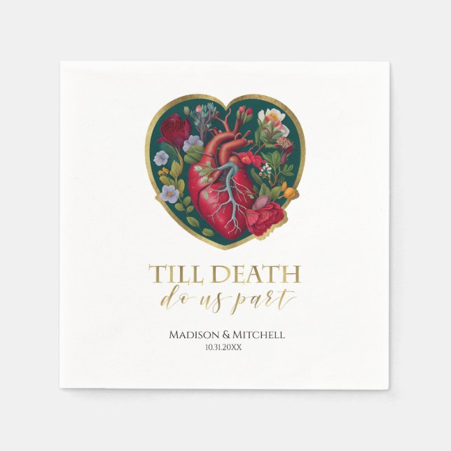 Till Death Do Us Part Goth Heart Halloween Gold Napkins (Front)