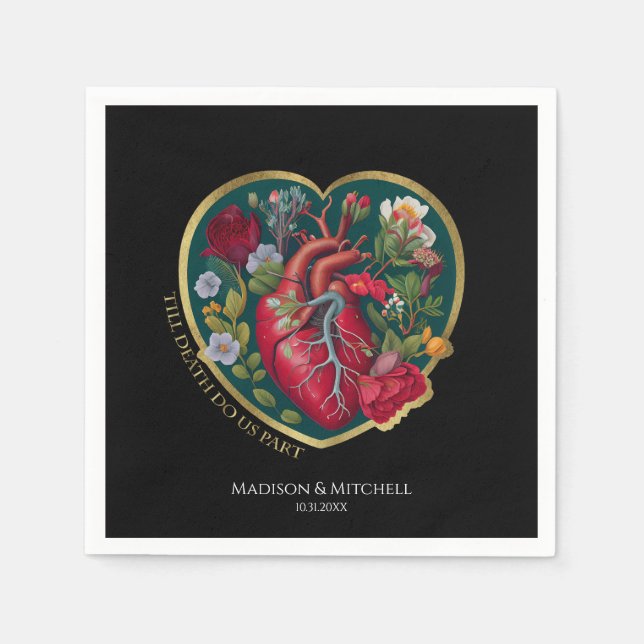 Till Death Do Us Part Goth Heart Halloween Gold Napkins (Front)