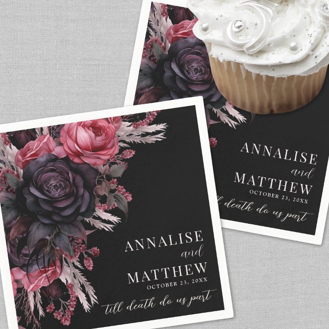 Till Death Do Us Part Gothic Black Floral Wedding Napkins (Till Death Do Us Part Gothic Black Floral Wedding Napkins)