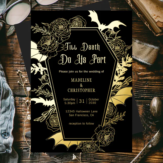 Till Death Do Us Part Gothic Glam Black Wedding Foil Invitation | Zazzle