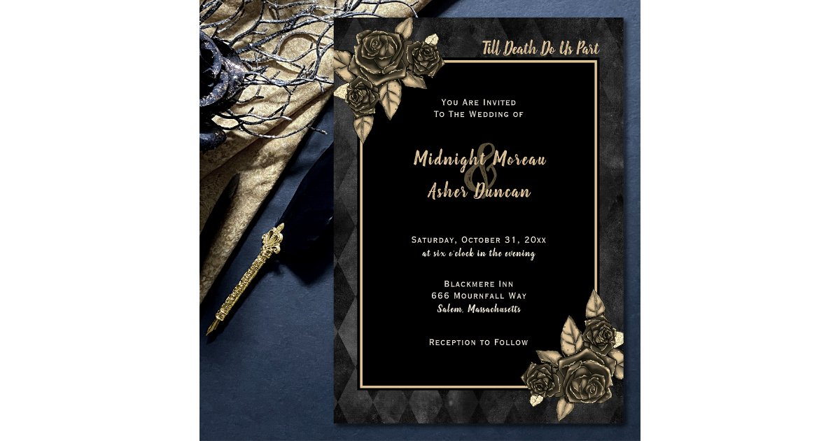 Till Death Do Us Part Gothic Rose Black Gold Invitation | Zazzle