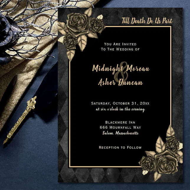 Till Death Do Us Part Gothic Rose Black Gold Invitation | Zazzle
