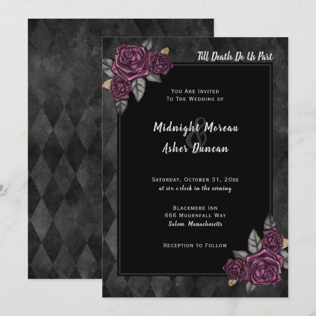 Till Death Do Us Part Gothic Rose Black Wedding Invitation (Front/Back)