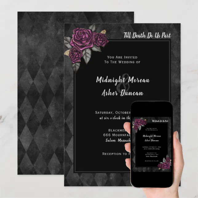 Till Death Do Us Part Gothic Rose Black Wedding Invitation | Zazzle