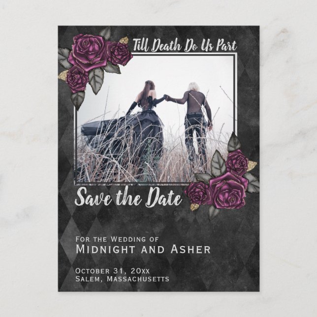 Till Death Do Us Part Gothic Rose Save the Date Announcement Postcard (Front)